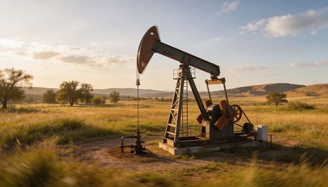 Pumping pumpjack rocking on prairie at golden hour with walking beam and counterweights