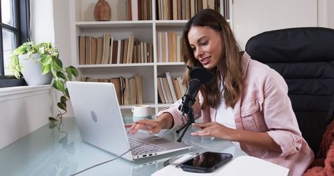 Woman Creating Podcast in Modern Home Office