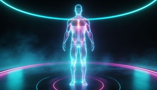 Holographic human anatomy model displaying skeletal and muscular systems with neon rings