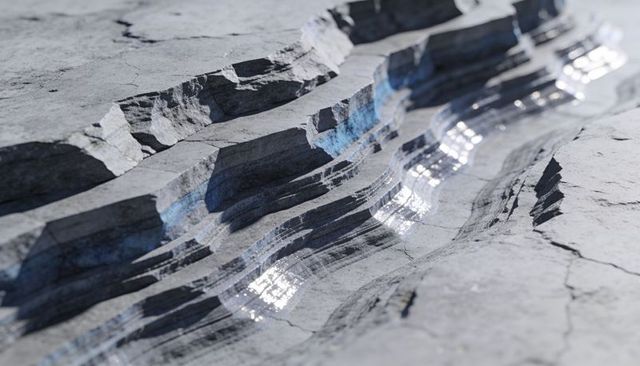 Sunlit erosion groove cutting through layered bedrock with reflective shallow water