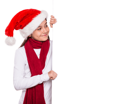 Festive Girl with Santa Hat Showing Transparent Holiday Card