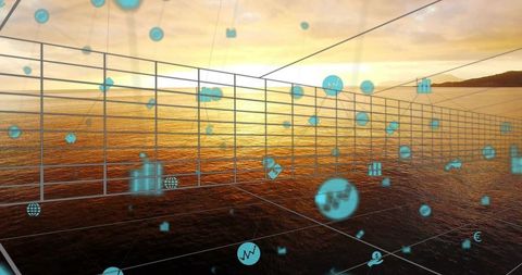 Digital grid projection above ocean horizon at sunset