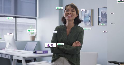 Businesswoman in Office Engaging with Social Media Metrics