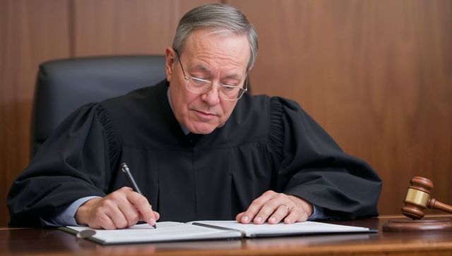 Senior judge signing legal documents at courtroom bench with gavel and binder