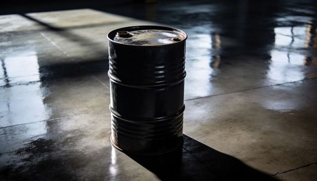 Black Steel Drum Casting Long Shadow on Reflective Warehouse Floor with Window Reflections