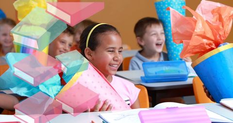 Joyful Children in Classroom Celebrating with Creative Books Animation