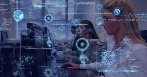 Businesswoman Working with Holographic Data Interfaces in Modern Office