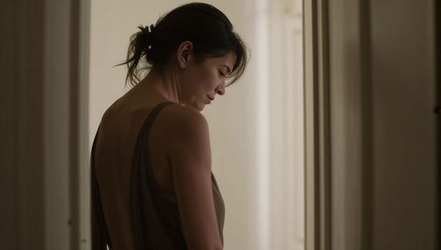 Pensive asian woman standing in narrow hallway wearing sleeveless brown dress, soft light