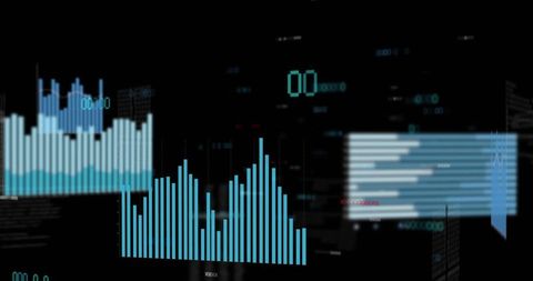 Digital financial data with blue bar graphs on black background
