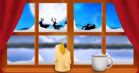 Festive Silhouette of Santa and Sleigh Viewed Through Window