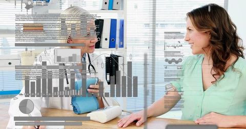 Clinician Measuring Patient Blood Pressure in Digital Health Consultation with Data Overlays