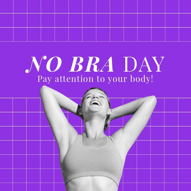 Image of no bra day and happy fit caucasian woman on violet background. Woman health awareness and no bra day concept.