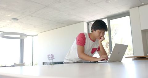 Focused Asian College Student Working on Laptop in Sunny Modern Room