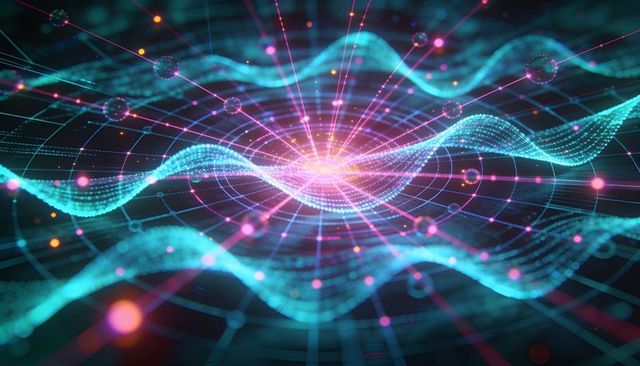 Glowing central nexus crossing radial grid with cyan waves and magenta nodes neon dataviz
