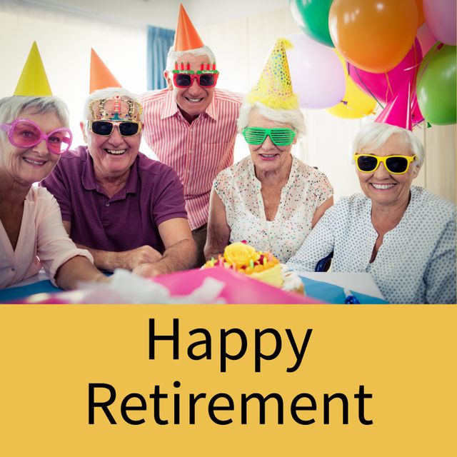 This stock photo showcases a cheerful group of elderly individuals celebrating a happy retirement. They are wearing colorful party hats and sunglasses, exuding joy and camaraderie. Perfect for use in articles, event invitations, promotional materials, or retirement-themed projects, this image captures the essence of a joyous and fulfilling senior lifestyle.