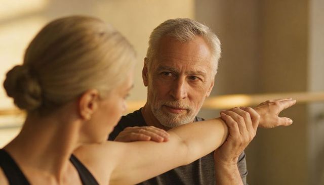 Experienced male instructor guiding female ballet student with forearm alignment at barre