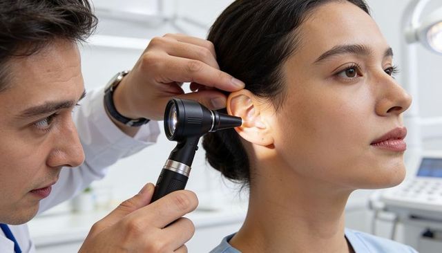 Doctor examining young woman ear with otoscope in bright clinic for routine ear checkup