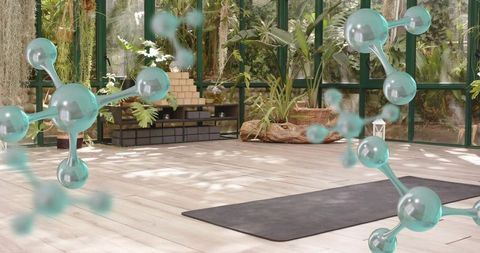 Yoga Mat on Light Wood Floor in Glass Greenhouse with Teal Molecular Overlays, Botanical Calm