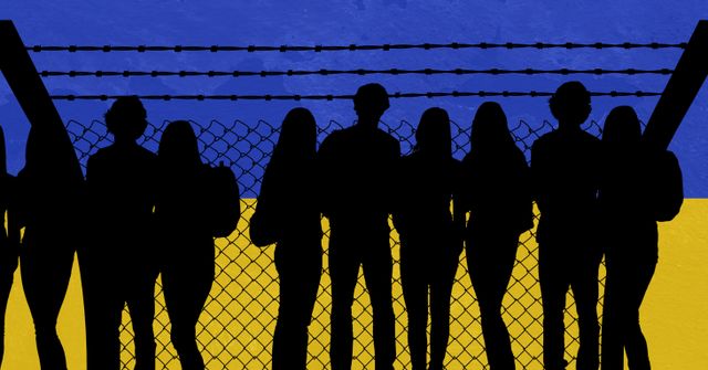 Silhouette of group of college students against iron fence and ukraine flag background. ukraine crisis concept