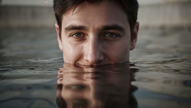 Young Man Gazing Above Calm Water Creating Mirror Face Reflection