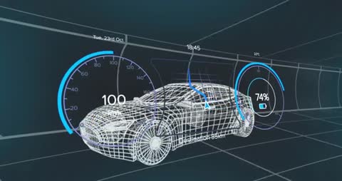 Futuristic Wireframe Car with Digital Dashboard Elements