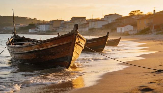 Weathered wooden rowboat reflecting golden sunset on sandy shore with mooring rope