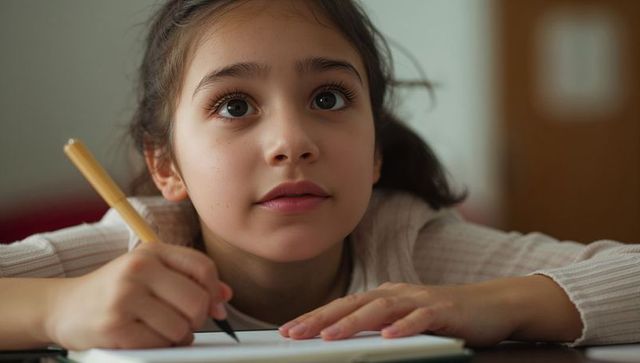 Pensive preteen girl thinking and sketching in notebook with yellow pencil closeup