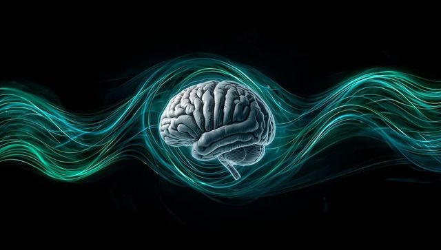 Floating Brain in Streaming Digital Matrix Illustrating Futuristic Innovation