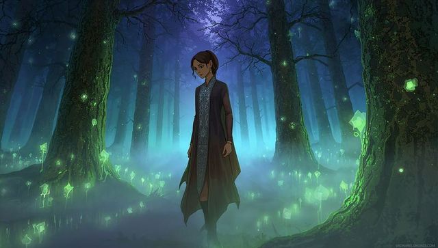 Asian wanderer walking through bioluminescent forest at night wearing cloak and tunic