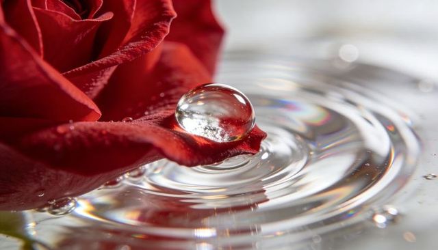 Macro red rose petal with crystal water droplet magnifying velvety texture and ripples