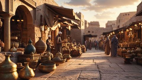 Traditional middle eastern frankincense marketplace with brassware at sunset