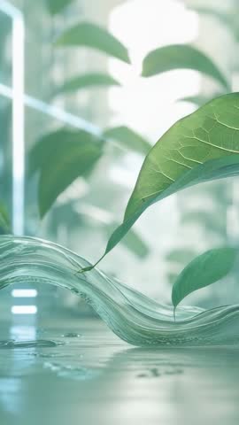 Vertical pulsing glass wave tipping leaf, forming droplet in futuristic greenhouse lab