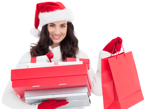 Festive Woman Carrying Gifts in Santa Hat on Transparent Background