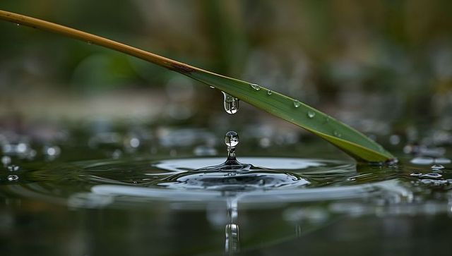Macro water droplet forming splash column under curved grass blade with reflective ripples