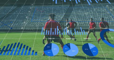Multi-ethnic rugby teams playing with data visualizations
