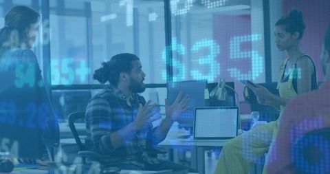 Innovative Business Meeting with Stock Analytics in Modern Office