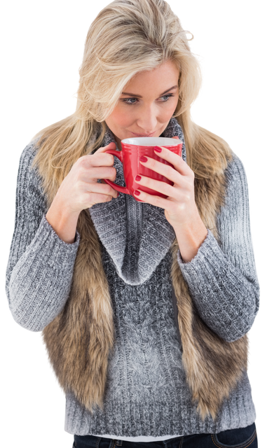 Blonde woman in winter clothes sipping from red mug transparent background - Download Free Stock Videos Pikwizard.com