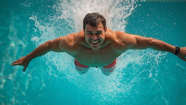 Smiling man diving into turquoise pool, splashing water in high-energy overhead action