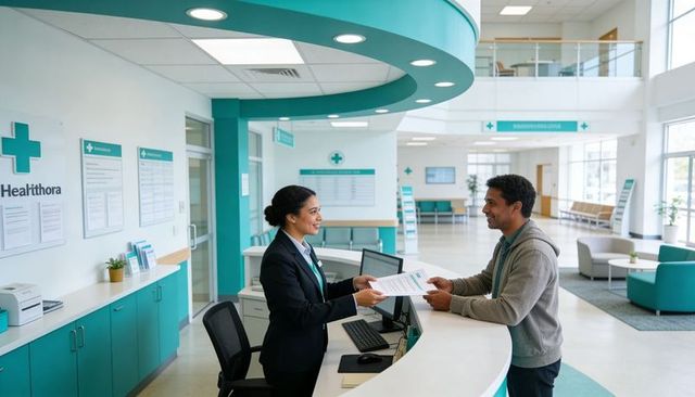 Clinic receptionist welcoming patient and handing forms at modern healthcare reception desk
