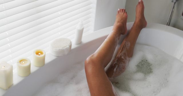 Relaxed Woman Enjoying Bubble Bath with Candles - Download Free Stock Images Pikwizard.com