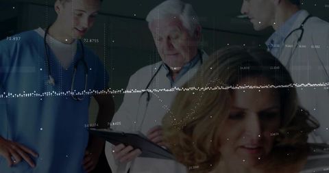 Medical team collaborating with patient and data waveform overlay for clinical diagnostics