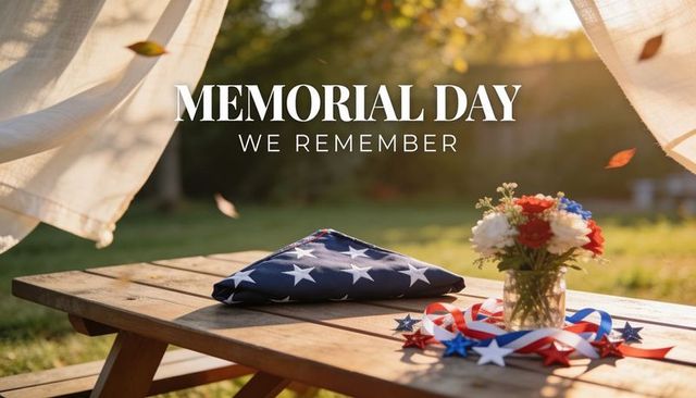 Folded american flag on picnic table honoring memorial day remembrance in sunlit backyard