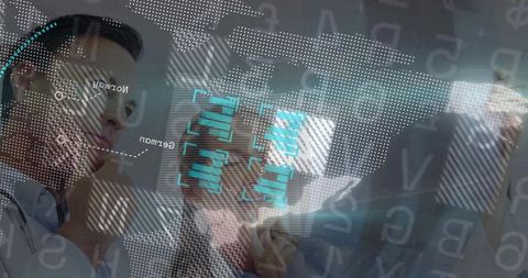 Healthcare professionals analyzing world map with digital data