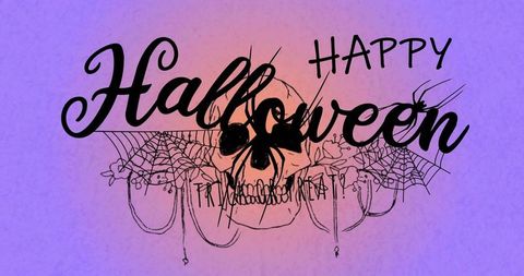 Happy halloween script with ornate skull, spiderweb and floral art on purple orange ombre