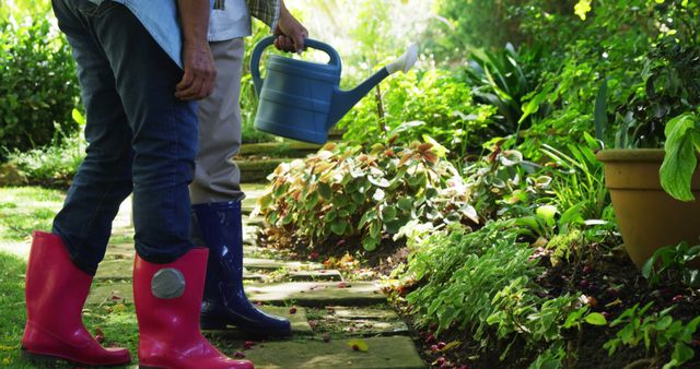 A person in pink rubber boots holds a watering can, ready to tend to the plants in a lush garden, with copy space. Gardening is a relaxing hobby that connects individuals with nature and can contribute to a sustainable lifestyle.