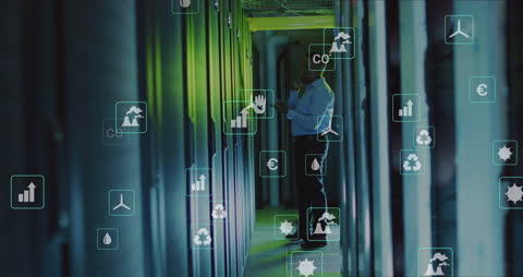 Digital Network of Sustainability Icons Over Data Center