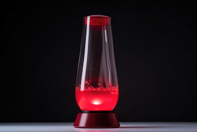 Red lava lamp on table in dark room at night, created using generative ai technology. Retro, psychedelic, relaxation and interior decoration lamp concept digitally generated image.