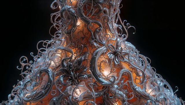 Ornate Metallic Filigree Chandelier with Glowing Amber Glass Bulbs and Curving Wirework