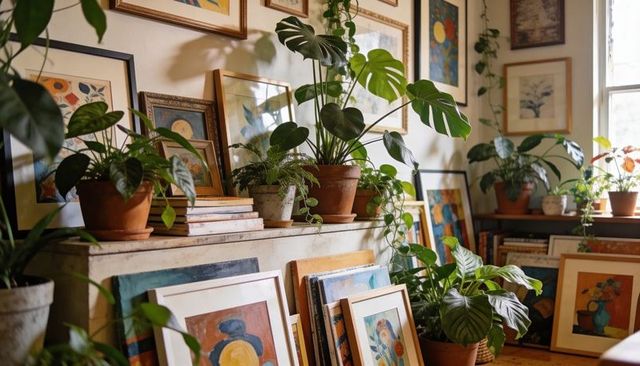 Showcasing monstera and lush potted plants with stacked framed art for cozy botanical display