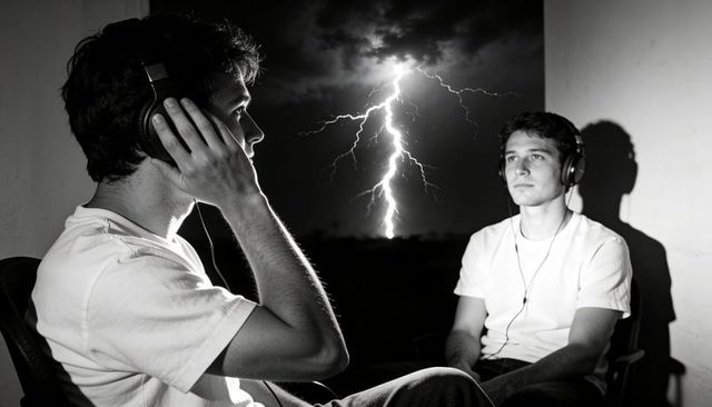 Monochrome headphone portraits showing two young men listening during lightning storm